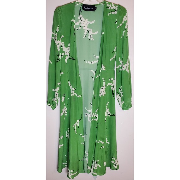 FLAWED‎ PLEASE READ Realisation Par Violette Green Silk Midi Jacket Kimono XXS - Picture 1 of 11